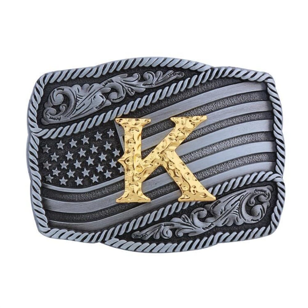 1960 Western Cowboy Belt Buckle , Initial Letters American Flag Belt Buckle